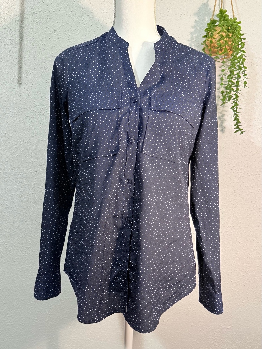 Jones New York Navy Blue Dot Button-Front Shirt